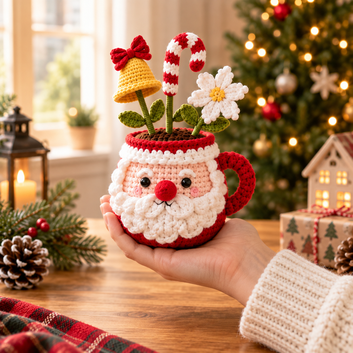 Hand holding Style 2 crochet Santa mug decor for size reference