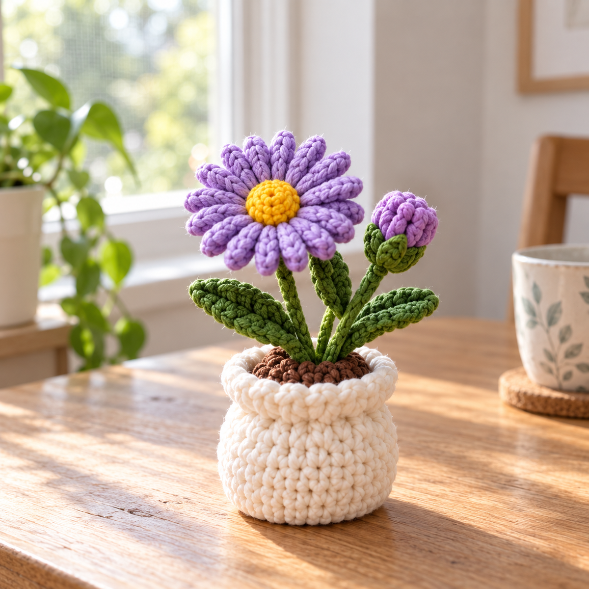 September Aster crochet birth month flower pot with purple petals and yellow center