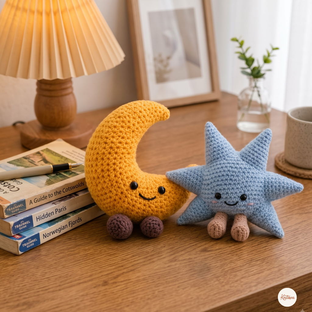 Blue Star Buddy and Golden Moon Buddy crochet amigurumi displayed together on a wooden table