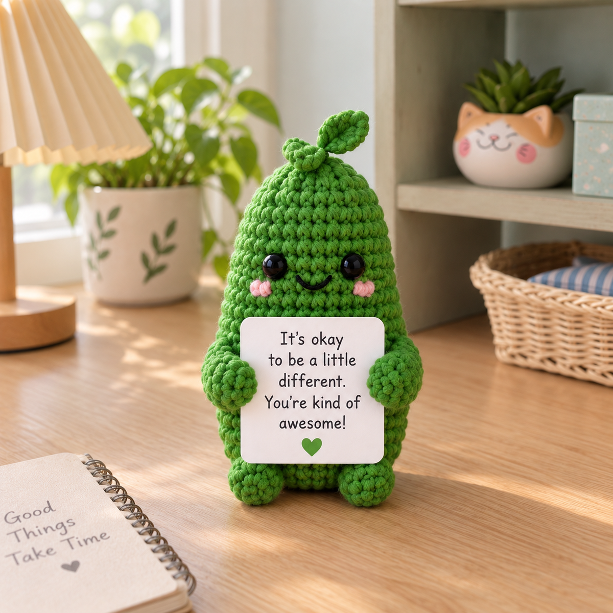 Pickle amigurumi emotional support character with personalized encouragement message