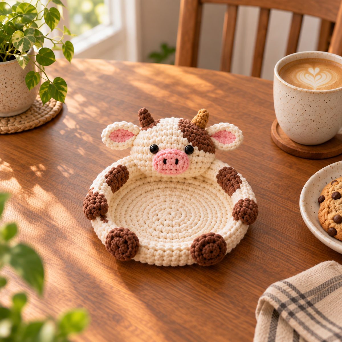 Cow crochet animal coaster in cream and brown with small horns and pink nose