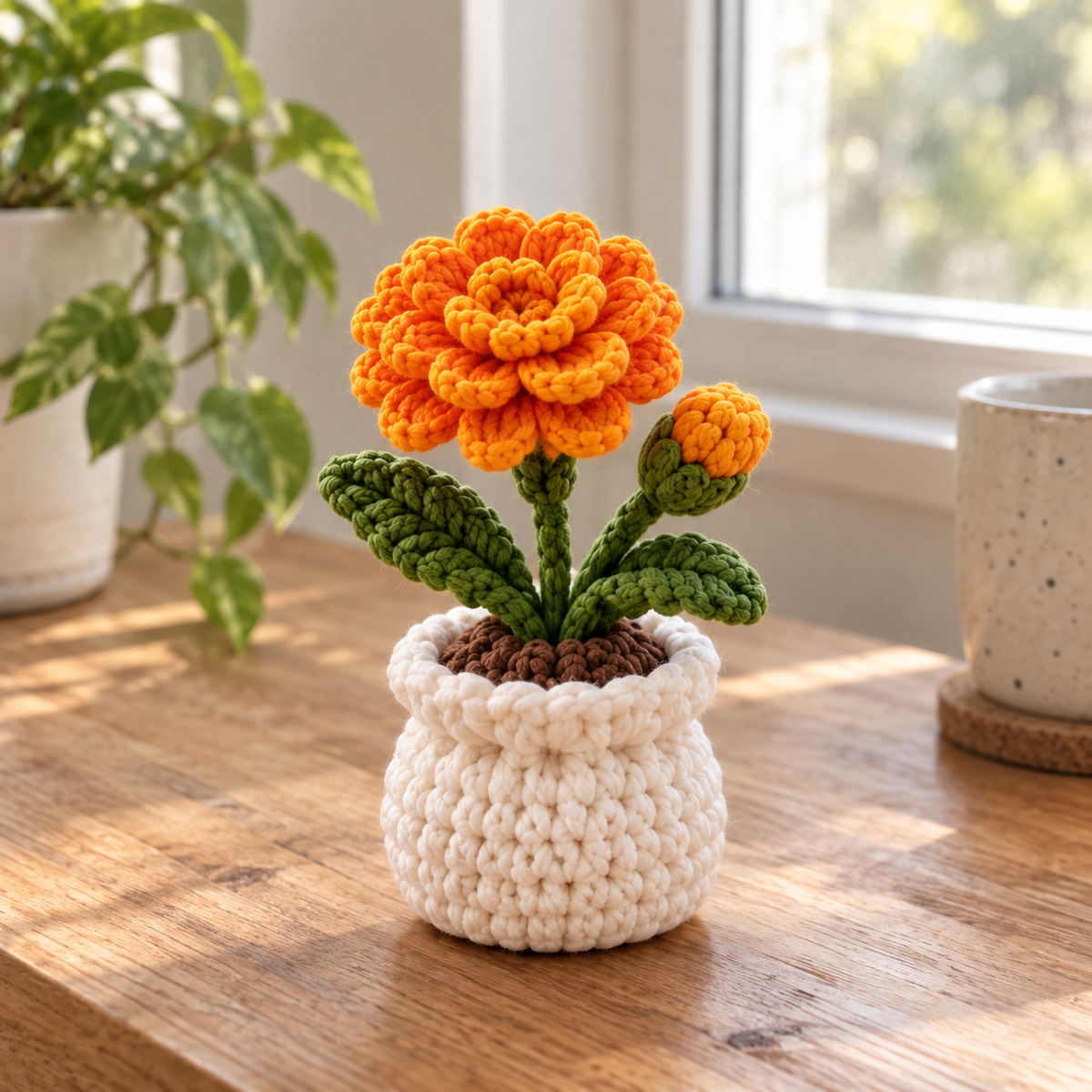 October Marigold crochet birth month flower pot with bright orange handmade flowers