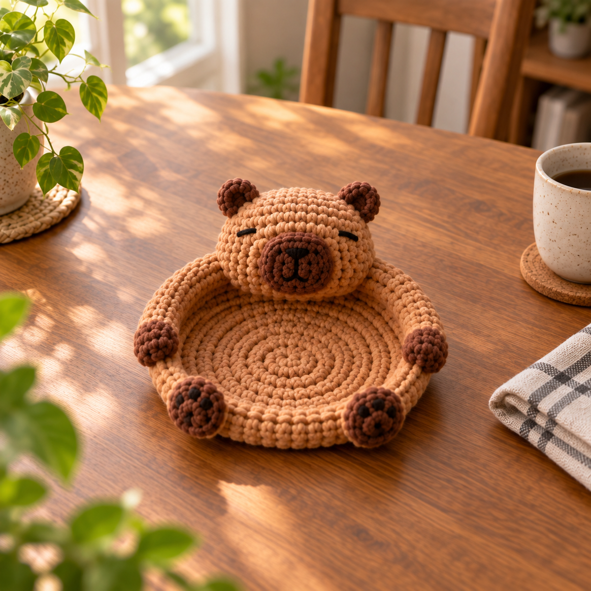 Capybara crochet animal coaster in warm brown with rounded ears and face details
