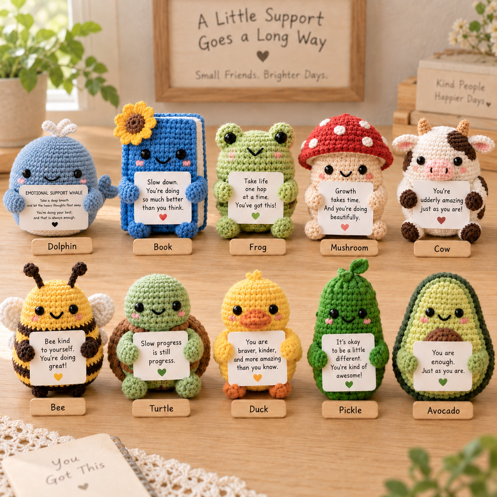 Ten amigurumi emotional support styles labeled Dolphin, Book, Frog, Mushroom, Cow, Bee, Turtle, Duck, Pickle, and Avocado