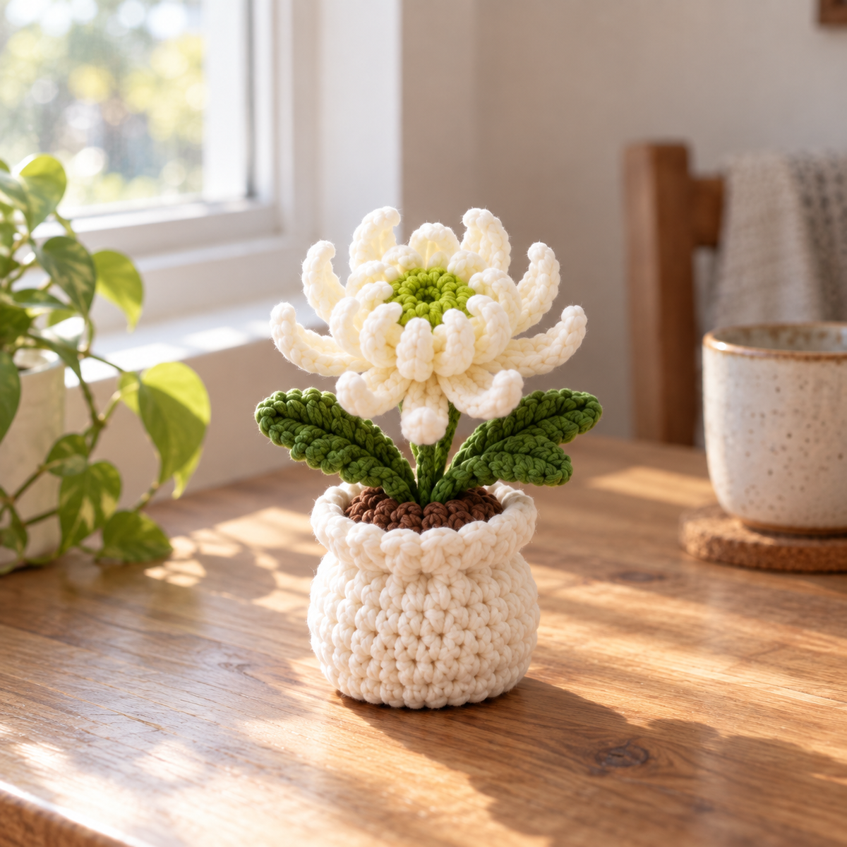 November Chrysanthemum crochet birth month flower pot with layered white handmade bloom