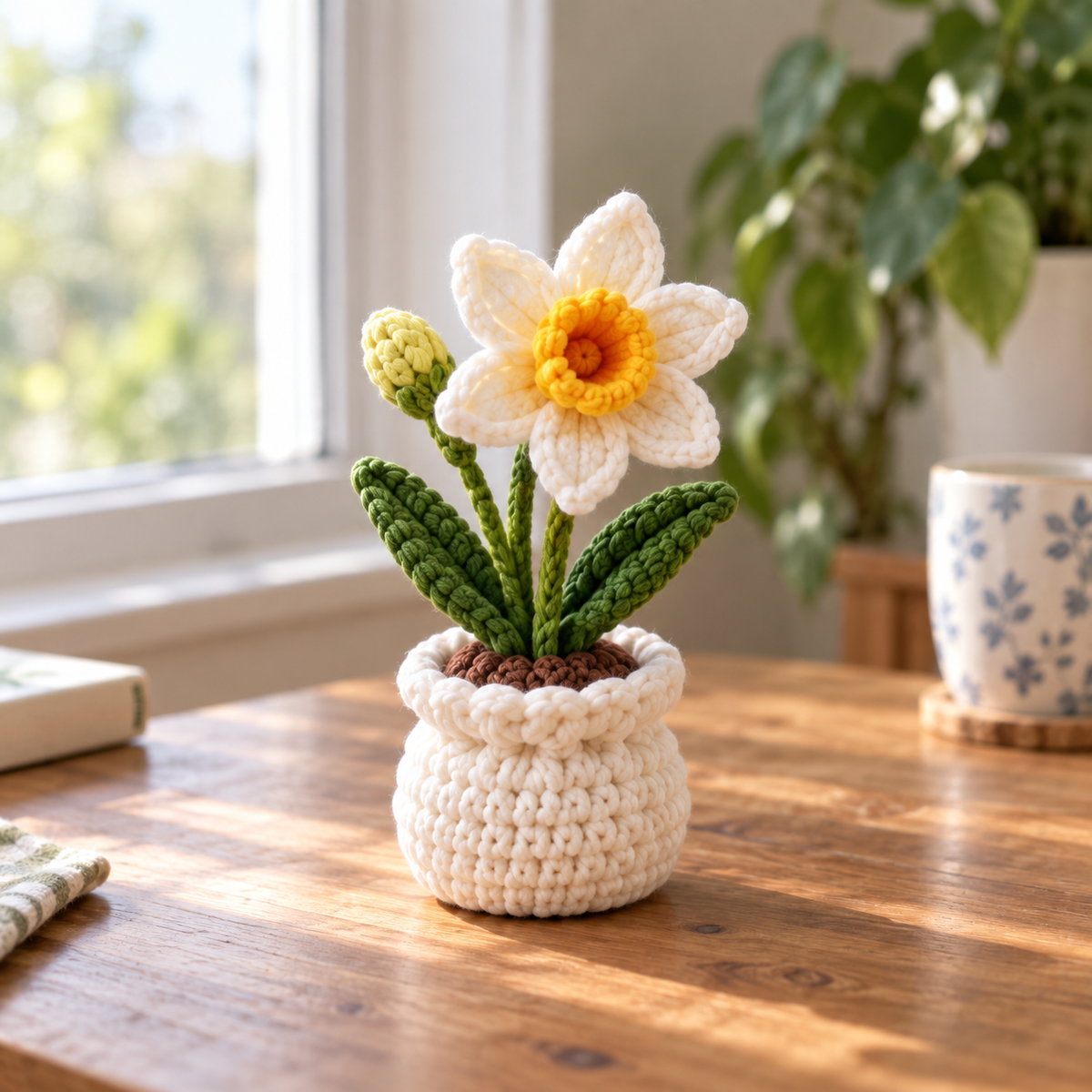 December Narcissus crochet birth month flower pot with white petals and warm yellow center