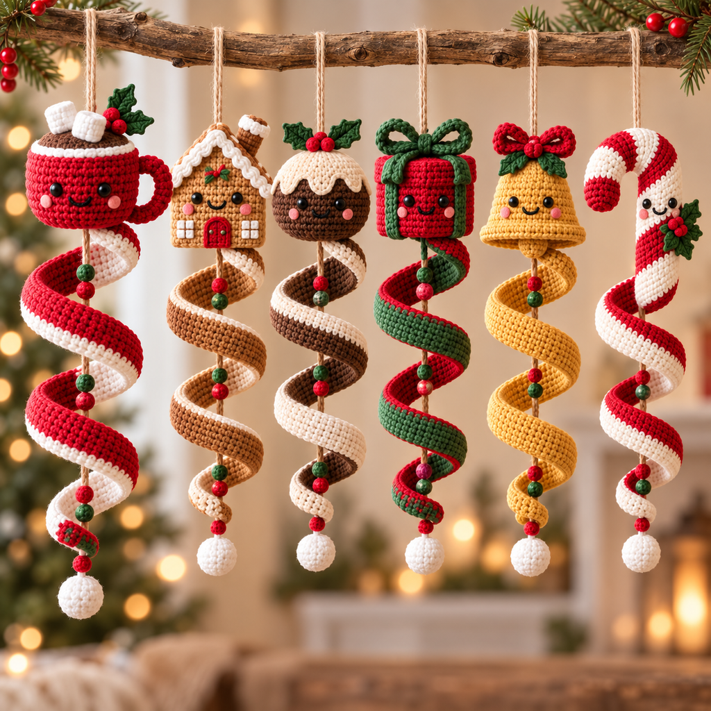 Six crochet Christmas spiral ornaments featuring Hot Cocoa, Gingerbread House, Pudding, Gift, Bell, and Candy Cane