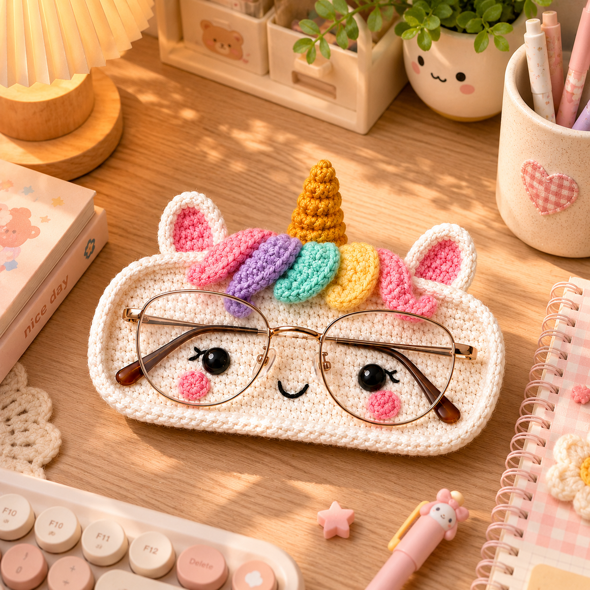 Rainbow Unicorn crochet glasses holder with white face, pastel mane, golden horn, and eyeglasses displayed on a desk