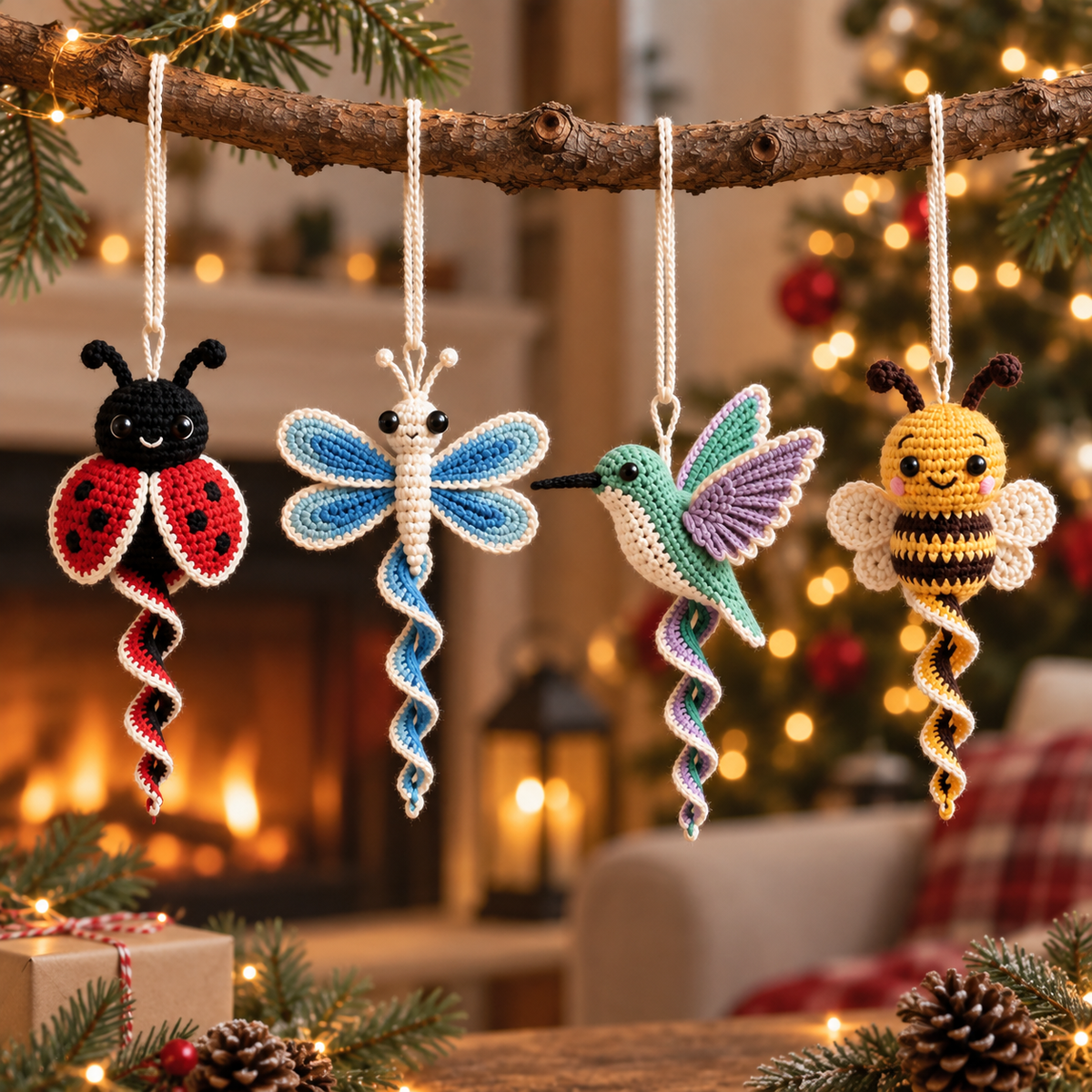 Four crochet garden spiral ornaments featuring Ladybug, Blue Dragonfly, Hummingbird, and Honey Bee