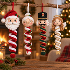 Four crochet spiral Christmas character ornaments featuring Santa, Mrs. Claus, Nutcracker, and Angel
