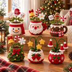 Six crochet Christmas plant decor styles displayed together in a cozy holiday setting