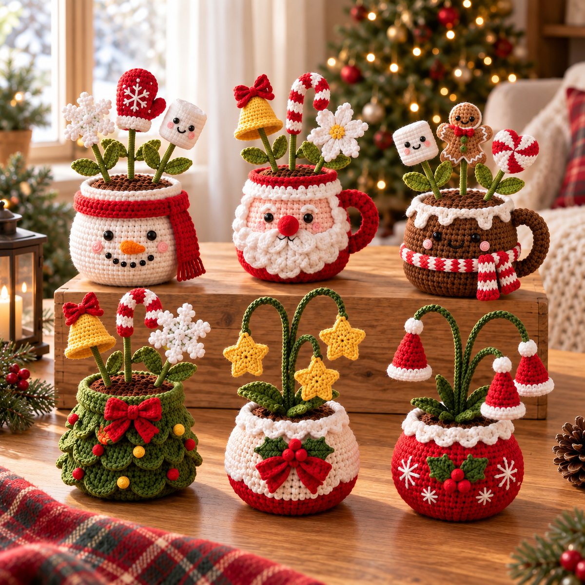 Six crochet Christmas plant decor styles displayed together in a cozy holiday setting