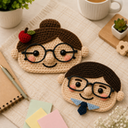 Two handmade crochet teacher glasses holders displayed together, featuring an Apple Teacher design and a Classic Teacher design