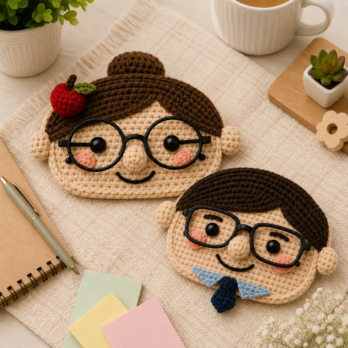 Two handmade crochet teacher glasses holders displayed together, featuring an Apple Teacher design and a Classic Teacher design