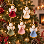 Five crochet angel Christmas ornaments in Berry, Ivory, Sage, Blush, and Blue hanging on a Christmas tree
