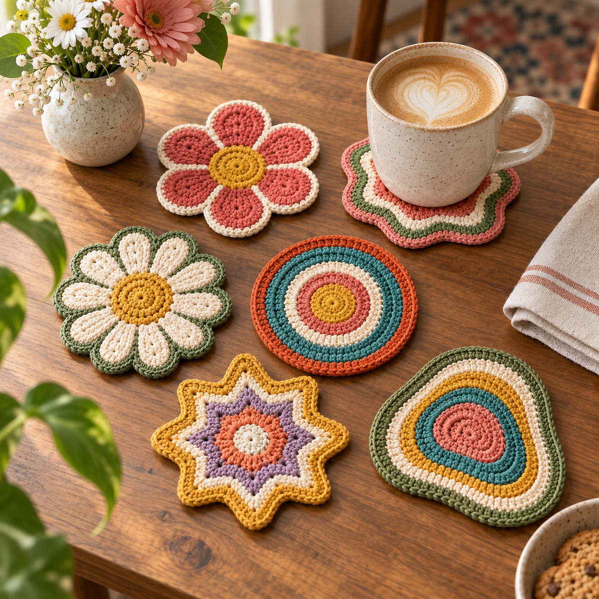 Six handmade crochet coasters in retro floral and geometric styles displayed on a wooden table beside a coffee mug