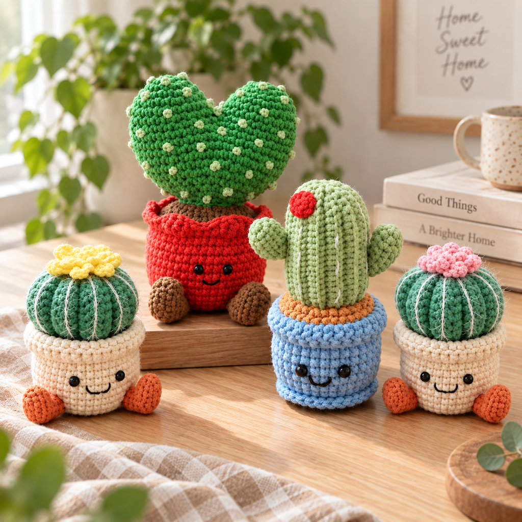 Four crochet cactus decor styles displayed together on a bright wooden shelf