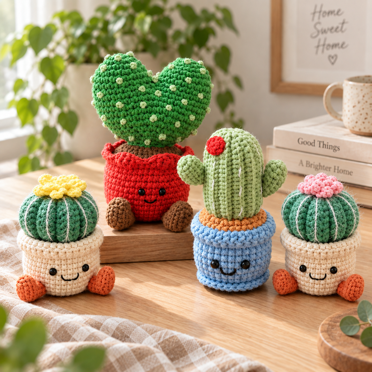 Four crochet cactus decor styles displayed together on a bright wooden shelf