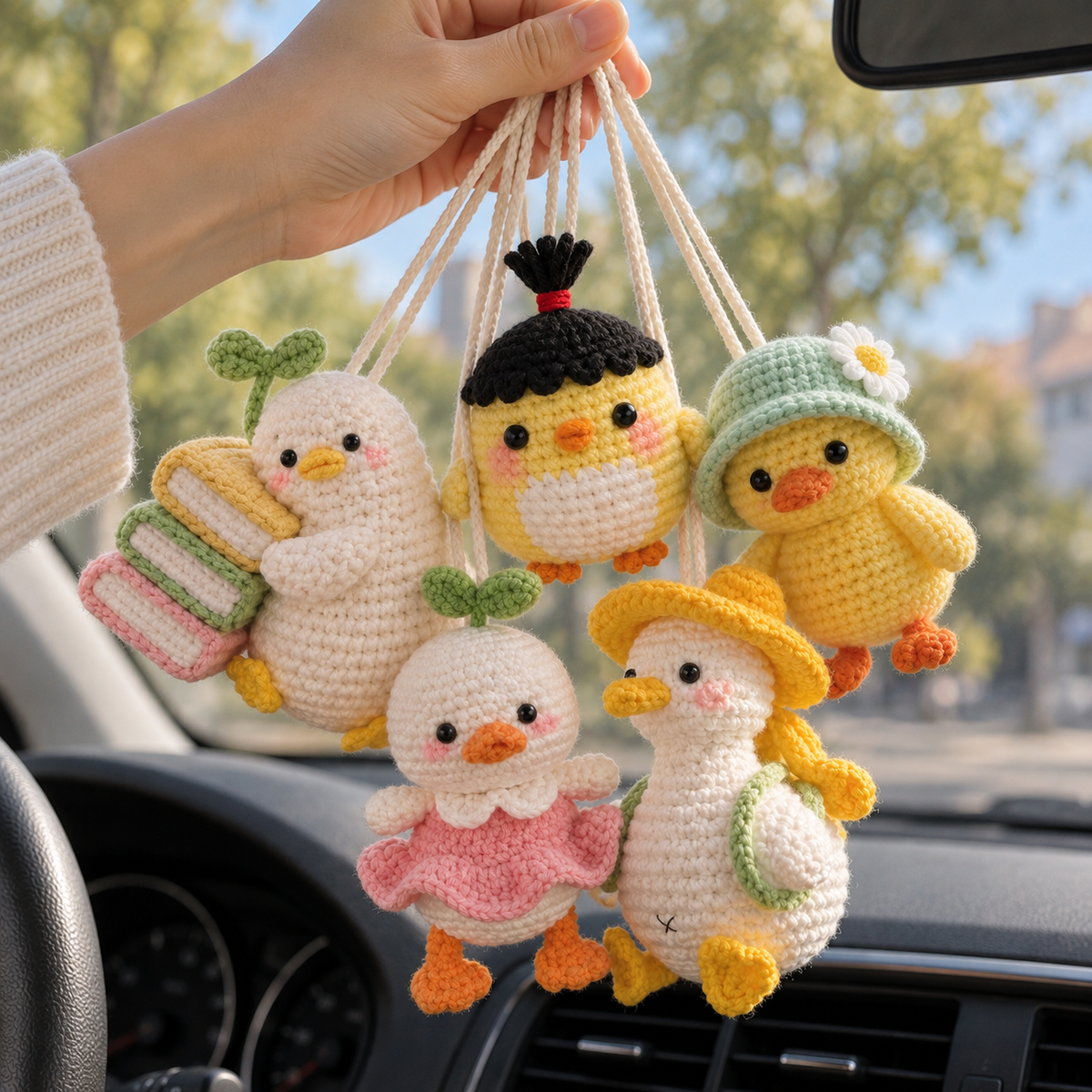Crochet Car Hanging – Duck Friends Rearview Mirror Charm