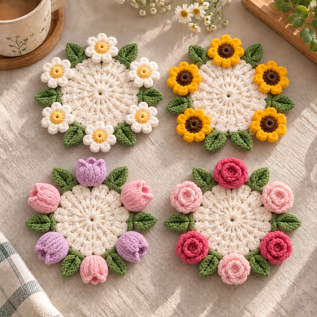 Four handmade crochet flower coasters in Daisy, Sunflower, Tulip, and Rose styles