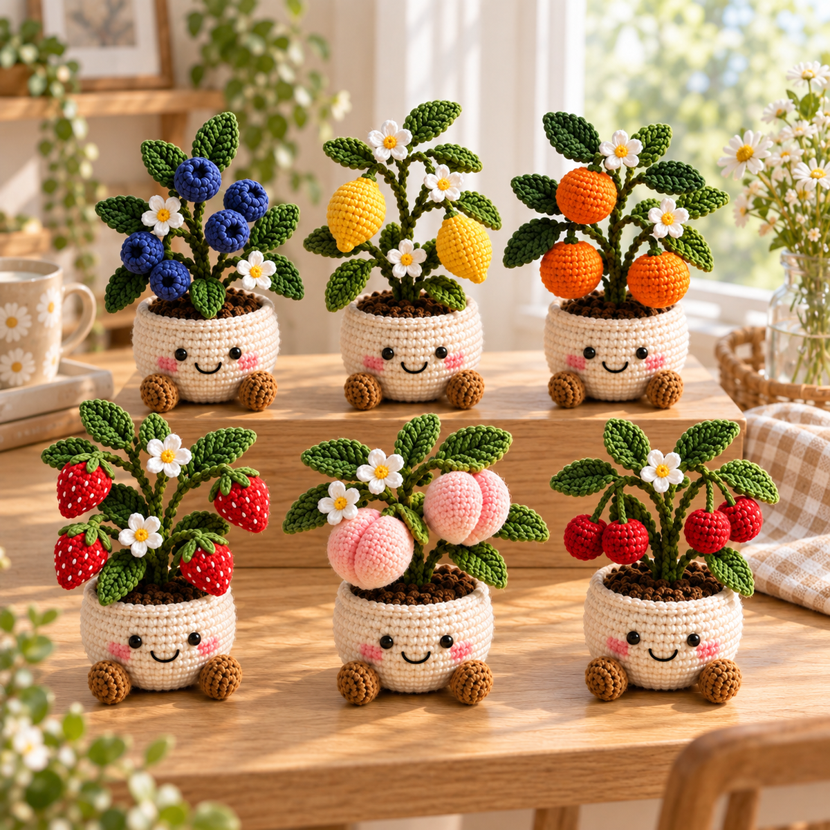 Six crochet fruit plant decor styles featuring Blueberry, Lemon, Orange, Strawberry, Peach, and Cherry