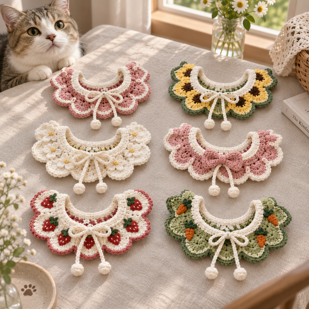 Six handmade crochet pet collars in Classic Ruffle, Sunflower, Ivory Daisy, Rosy Bow, Strawberry, and Carrot Garden styles