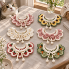 Six handmade crochet pet collars in Classic Ruffle, Sunflower, Ivory Daisy, Rosy Bow, Strawberry, and Carrot Garden styles