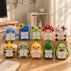 Ten personalized amigurumi emotional support characters displayed together with custom message cards