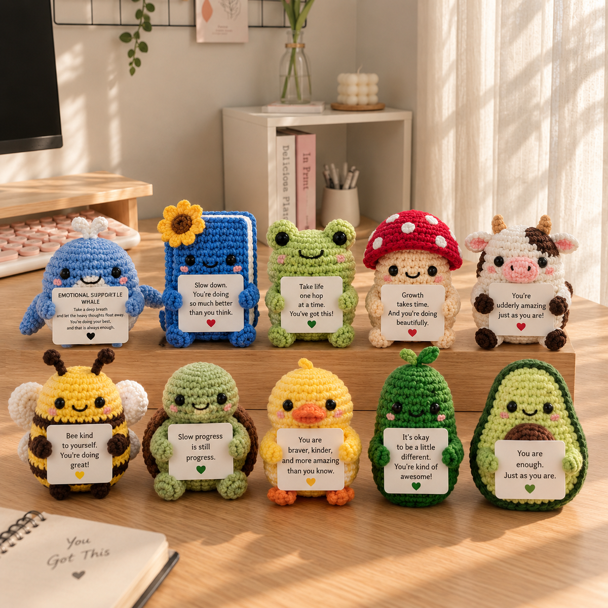 Ten personalized amigurumi emotional support characters displayed together with custom message cards