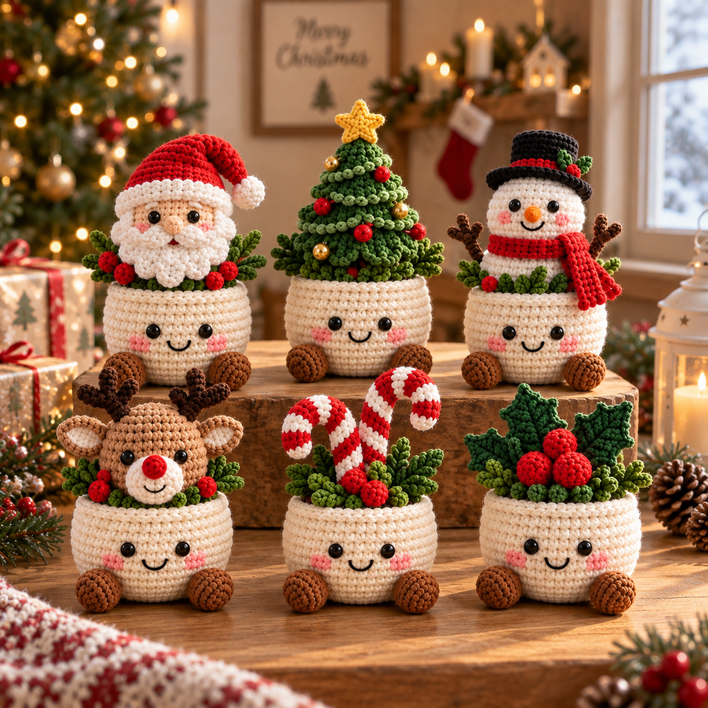 Six crochet Christmas plant decor styles displayed together in a cozy holiday setting