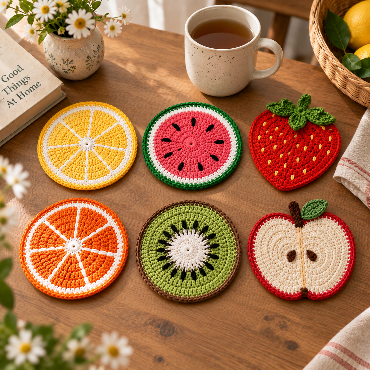 Six handmade crochet fruit coasters in lemon, watermelon, strawberry, orange, kiwi, and apple styles displayed on a wooden table beside a mug
