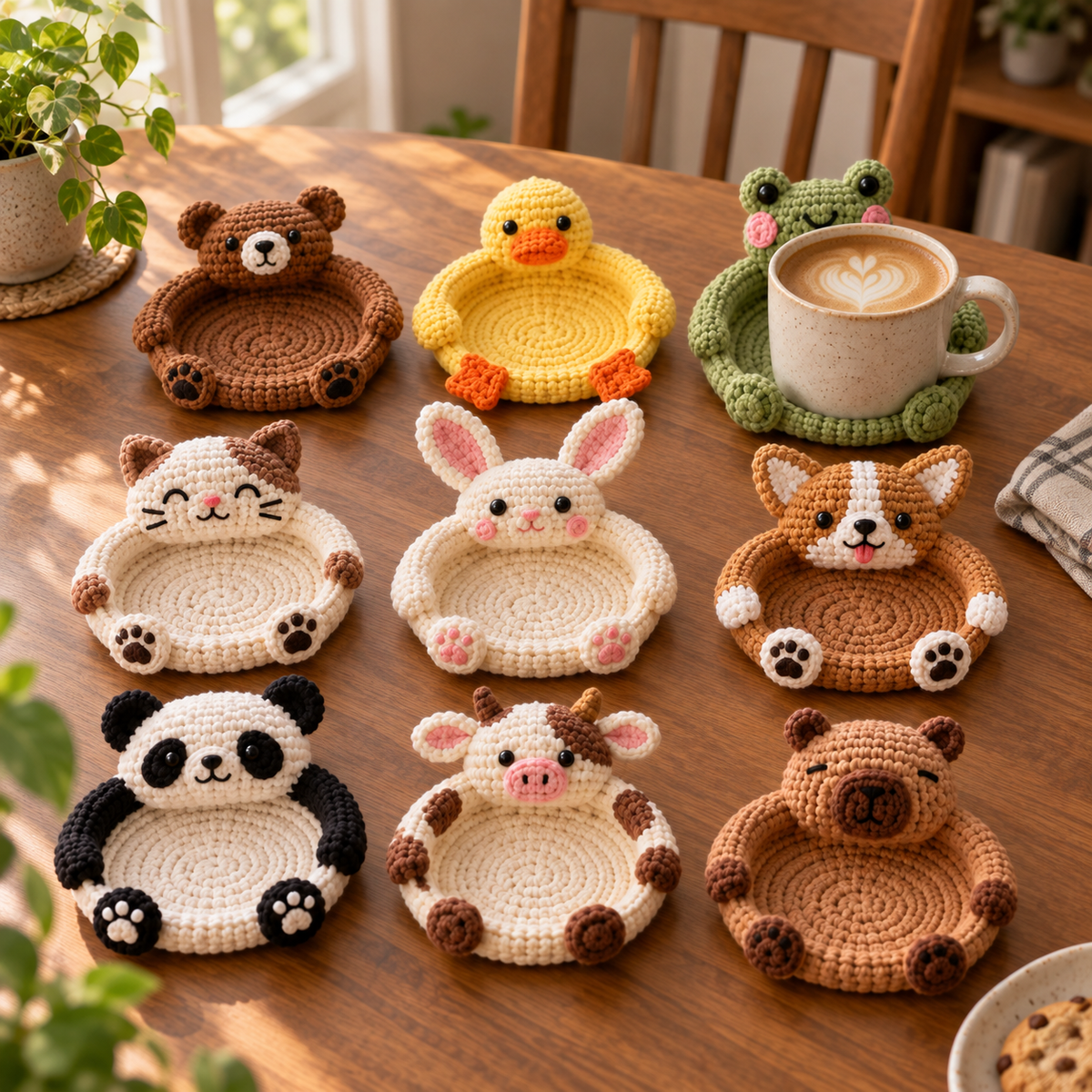 Nine crochet animal coasters featuring Bear, Duck, Frog, Cat, Bunny, Corgi, Panda, Cow, and Capybara