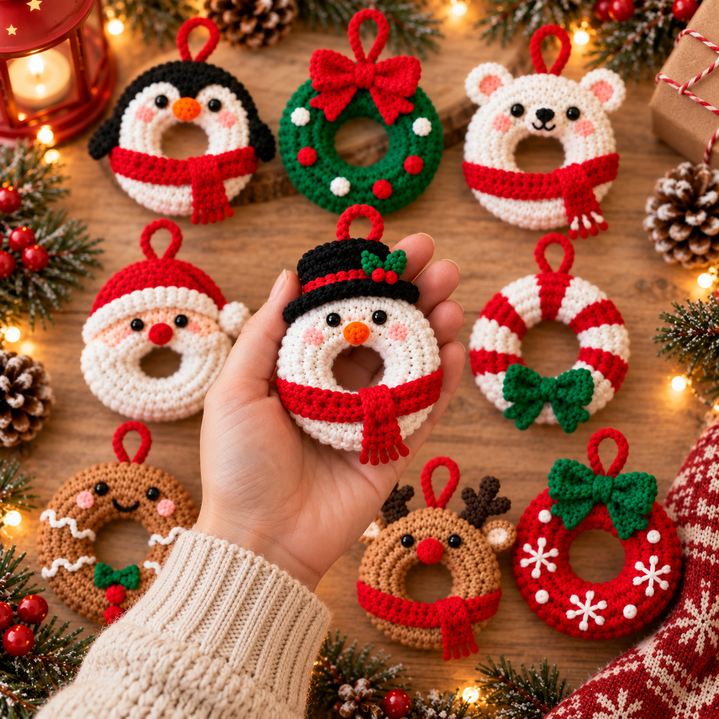 Nine mini crochet Christmas hanging ornaments featuring Penguin, Wreath, Polar Bear, Santa, Reindeer, Candy Cane, Gingerbread, Snowman, and Snowflake