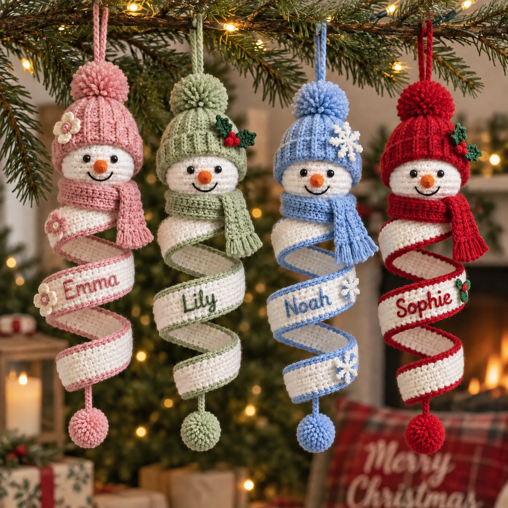 Four personalized crochet snowman spiral ornaments in blush, sage, blue, and red with custom names