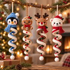Four crochet winter spiral ornaments featuring Penguin, Gingerbread, Reindeer, and Polar Bear