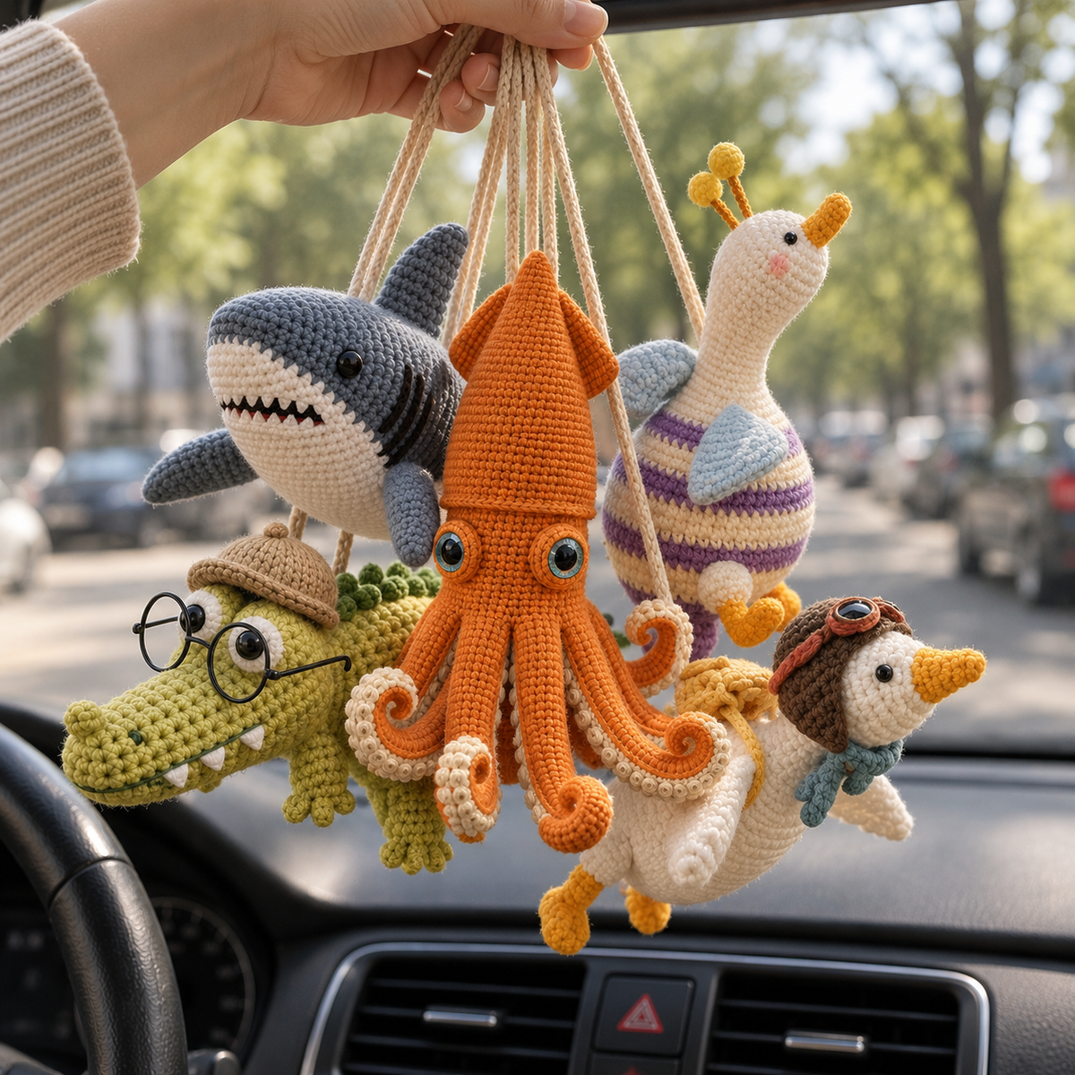Five handmade crochet car hanging designs including squid, shark, crocodile, aviator goose, and striped goose displayed together inside a car