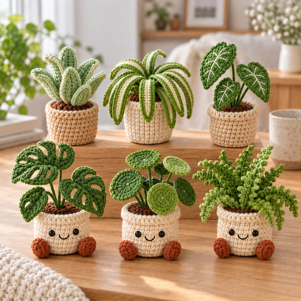 Six crochet houseplant decor styles displayed together in a bright cozy room