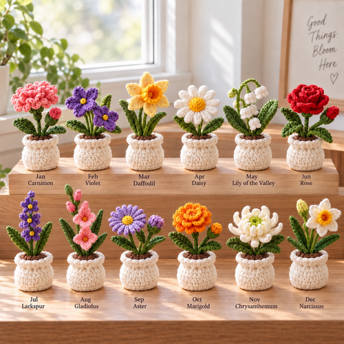 Twelve birth month crochet flower pots displayed together from January Carnation to December Narcissus