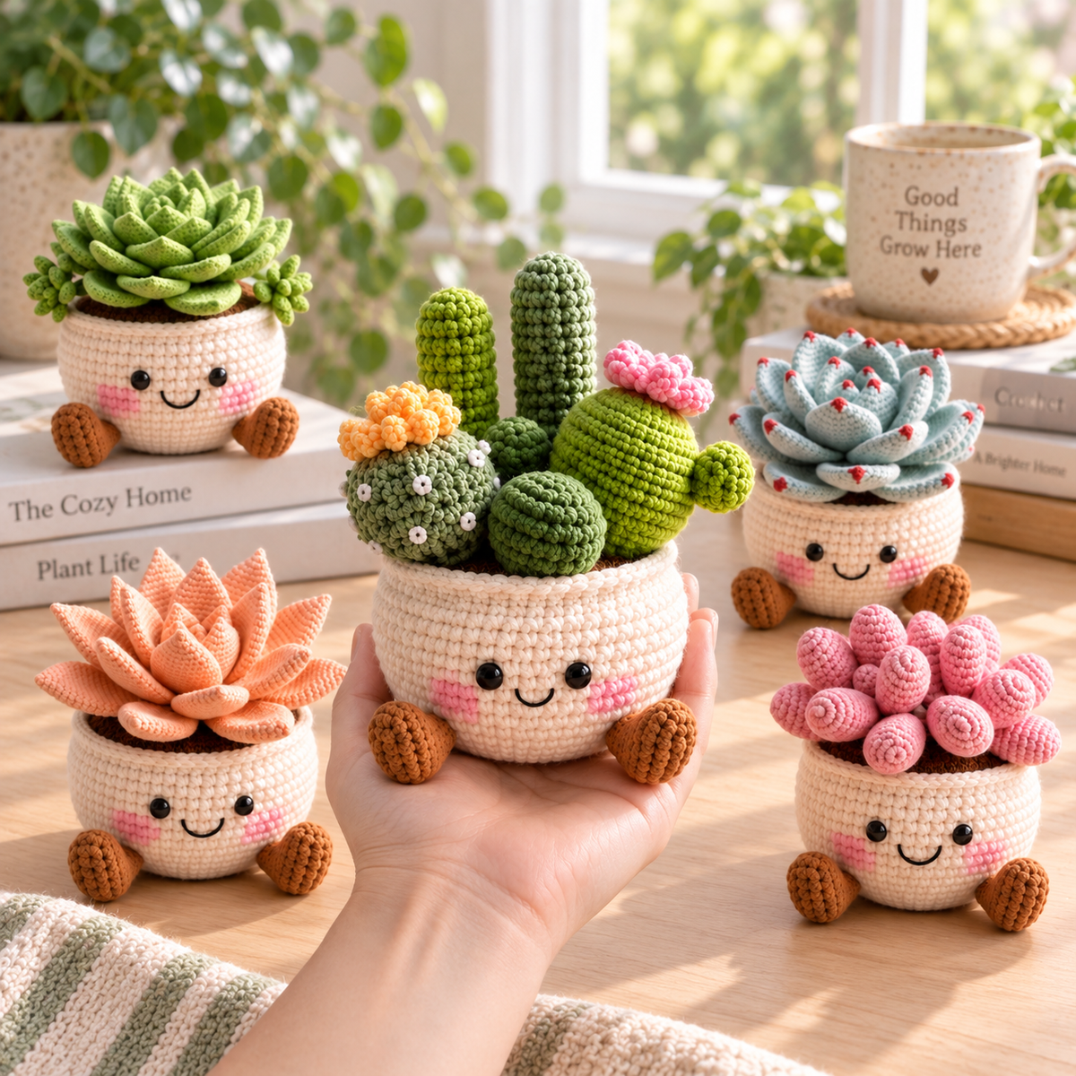 Five crochet succulent decor styles displayed together in a bright cozy room