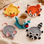 Five crochet animal coasters featuring Duck, Fox, Lizard, Mouse, and Raccoon styles