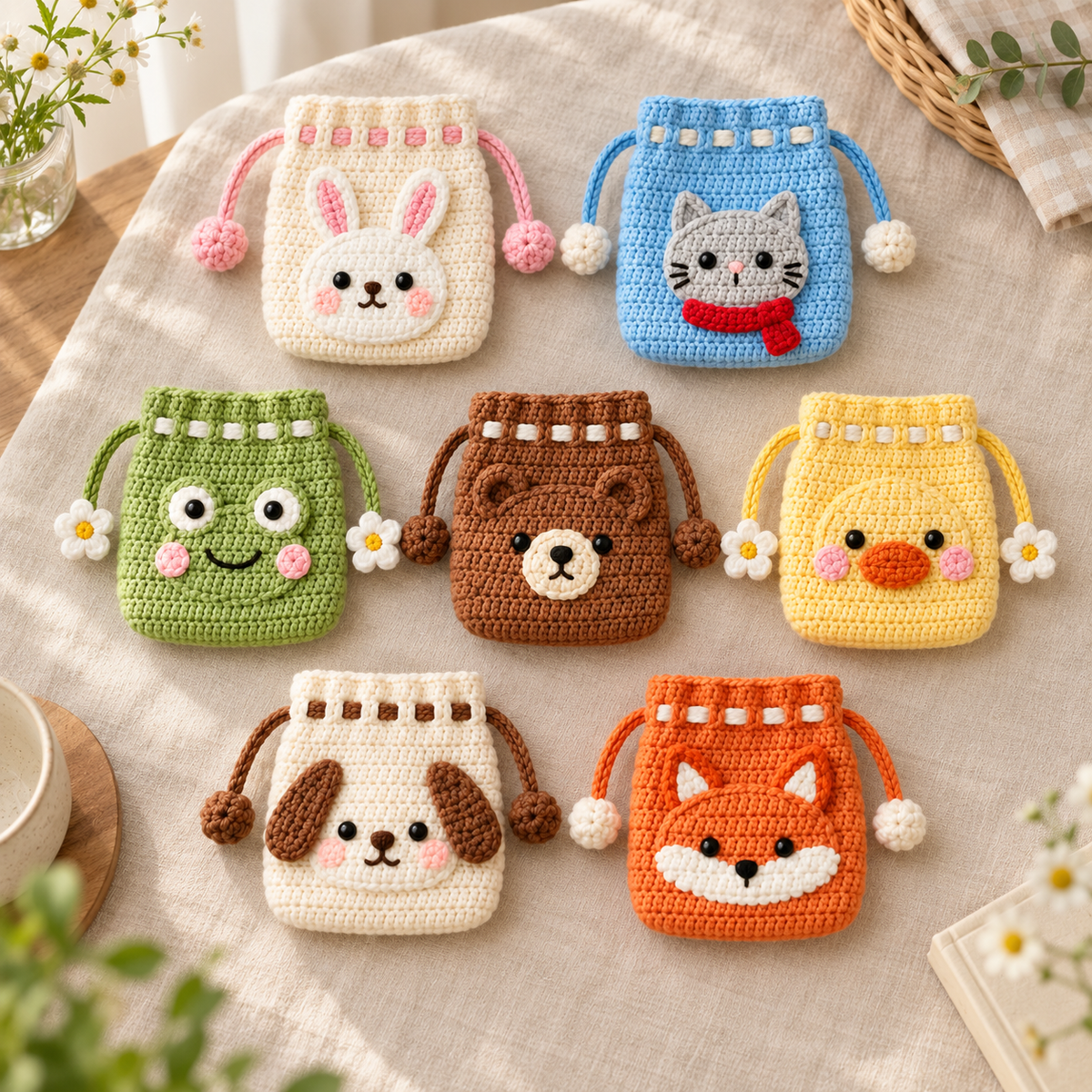 Crochet Drawstring Pouch – Animal Friends