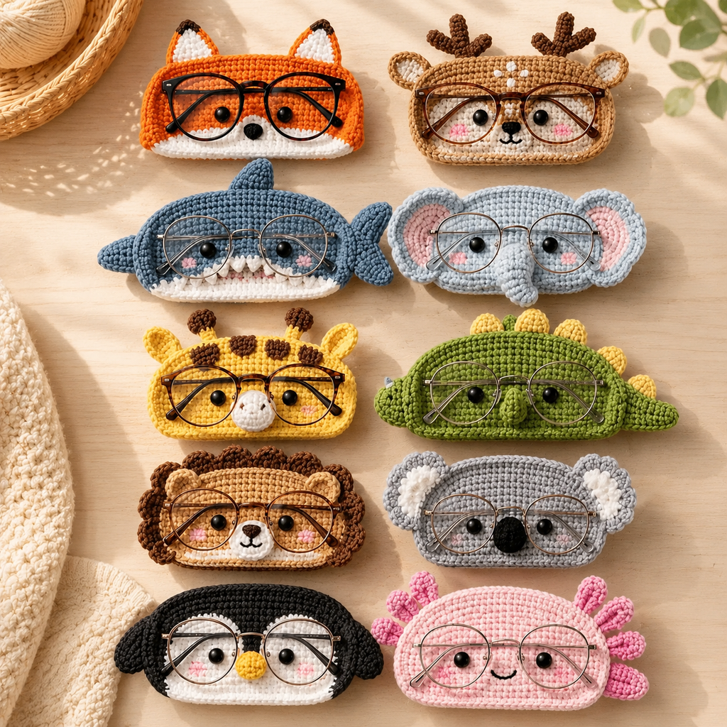 Assorted handmade crochet animal glasses holders displayed together with eyeglasses in colorful character designs