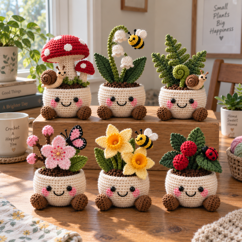 Six crochet garden plant decor styles displayed together in a bright cozy room
