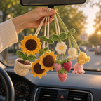 Four handmade crochet car hanging styles including Sunflower Pot, Twin Sunflowers, Strawberry Bloom, and Jellyfish Trio displayed together inside a car
