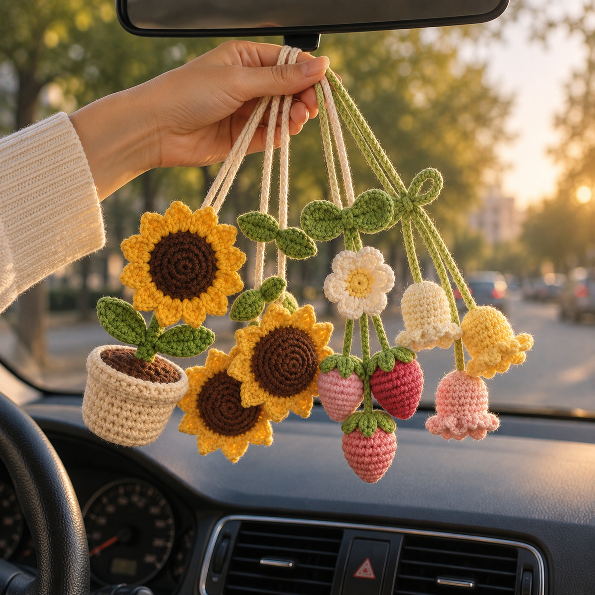 Four handmade crochet car hanging styles including Sunflower Pot, Twin Sunflowers, Strawberry Bloom, and Jellyfish Trio displayed together inside a car