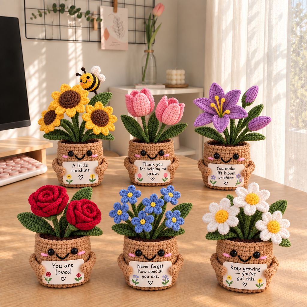 Six personalized crochet flower pot gifts featuring Sunflower, Tulip, Lily, Rose, Forget-Me-Not, and Daisy