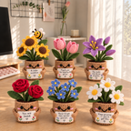 Six personalized crochet flower pot gifts featuring Sunflower, Tulip, Lily, Rose, Forget-Me-Not, and Daisy