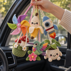 Six handmade crochet car hanging styles including Pinwheel, Banana, Rocket, Mushroom, Hummingbird, and Plant Pot displayed together inside a car