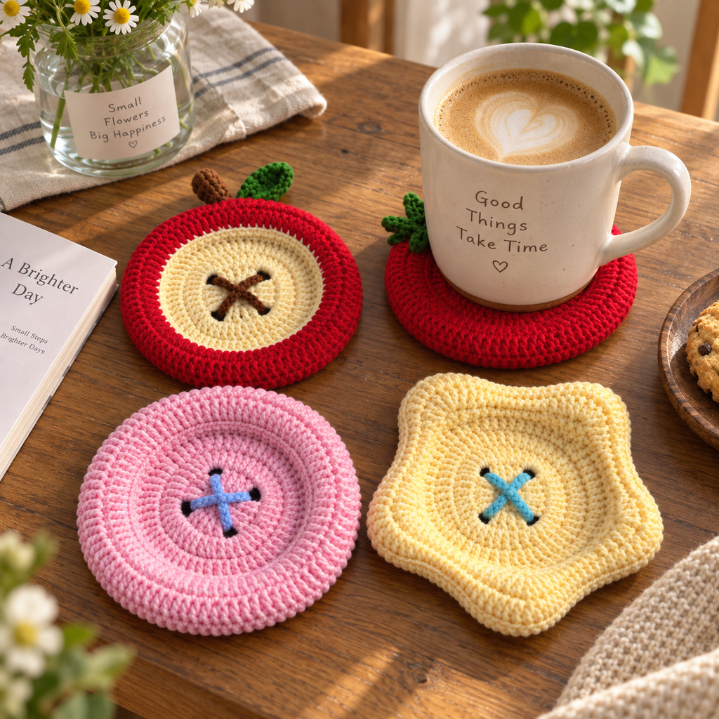 Four crochet coaster styles displayed with mugs, including Apple Slice, Tomato, Blush Pink, and Butter Yellow