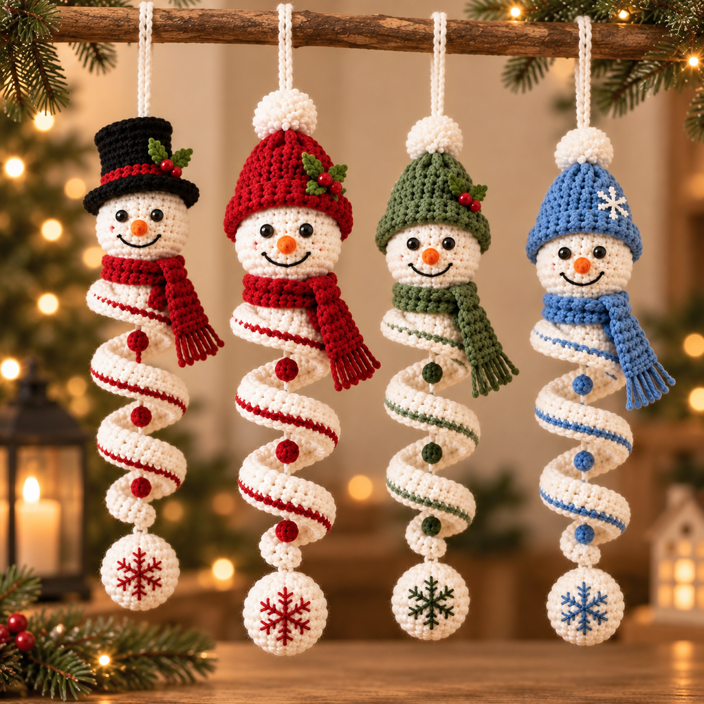 Four crochet snowman spiral Christmas ornaments in top hat, red, green, and blue winter styles